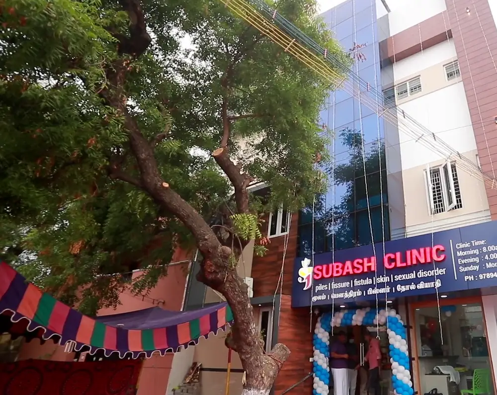 Subash Clinic building exterior in Tirupur, cropped to show the building